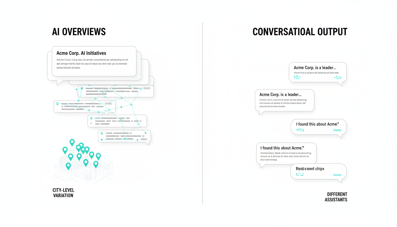 Where AI Assistants Mention Your Brand — split AI Overviews vs Conversational output: A precise, split-scene illustration on a white canvas — left side shows a stylized search overview card composed of layered white tiles and small linked citation nodes (tiny circular nodes with subtle cyan connectors) and a faint geographic pin cluster indicating city-level variation; right side shows stacked conversational chat bubbles flowing downward with varied shapes and tiny source chips (abstract dots) to indicate different assistants; consistent clean vector-illustration style, cyan accents (~10-15%) and black/gray detail, white background, professional modern feel, 16:9 aspect ratio