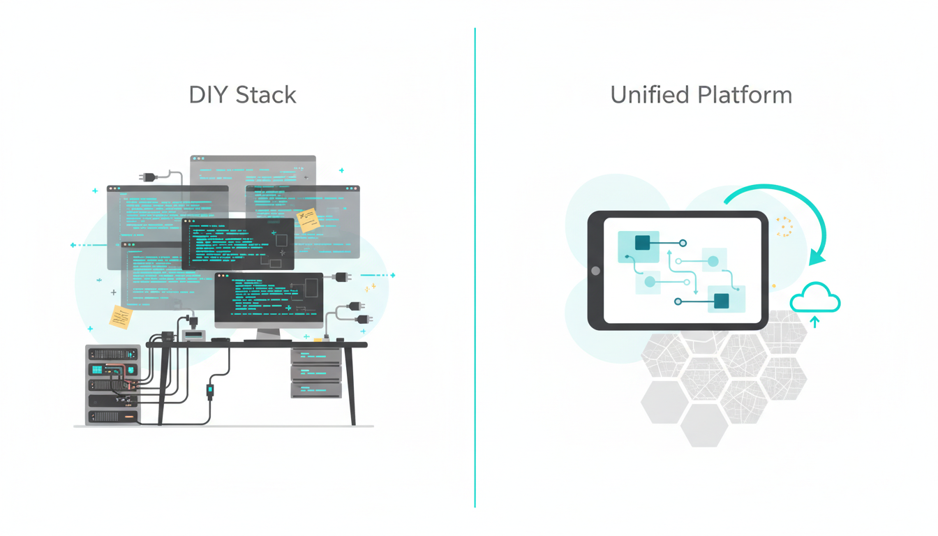 DIY Stack vs Unified Platform — side-by-side comparison scene: Left half shows a cluttered engineering desk scene (multiple open terminal windows rendered as abstract code blocks, scattered API plugs, sticky-note shapes, and a half-assembled server rack) with muted gray tones and small cyan highlights; right half shows a calm, single-pane unified cloud dashboard represented by a polished tablet-like surface displaying a clean pipeline visualization, city-level map tiles, and an automated publish arrow rendered as abstract icons (no text); clear visual contrast between fragmented DIY tooling and streamlined unified platform, professional modern illustration, white background, subtle cyan accents, 16:9 aspect ratio