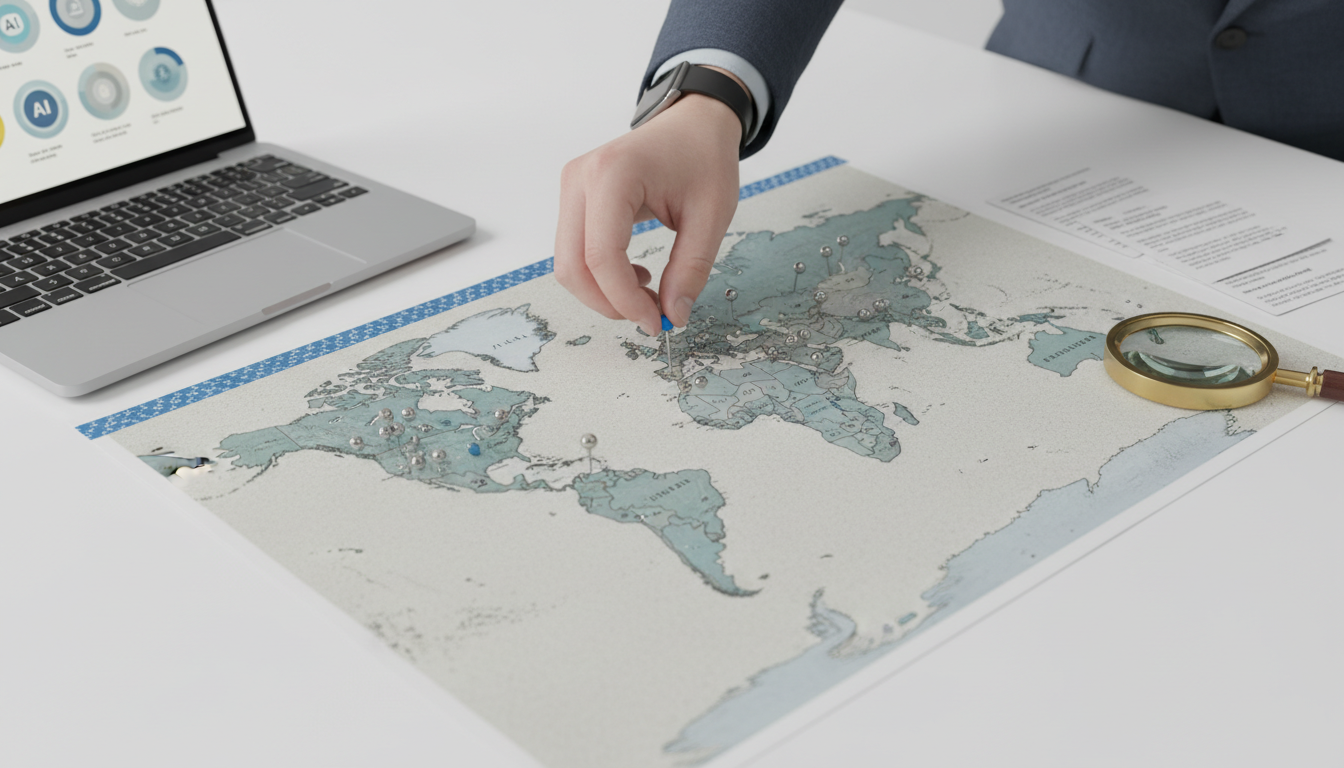 Top-down meeting-room tabletop scene focused on city‑level monitoring: a high-quality paper world map with clustered metal pins in multiple cities, a hand repositioning a blue pin to indicate city precision, a laptop beside the map with generic circular tokens representing AI platforms (no logos), and a magnifying glass and a few printed citation cards (blurred). Subtle brand blue used for several pins and a strip of washi tape (~10-20% blue), bright professional modern photography, 3/4 overhead angle, crisp focus on pins, clean white surroundings, no visible text or logos, 16:9 aspect ratio