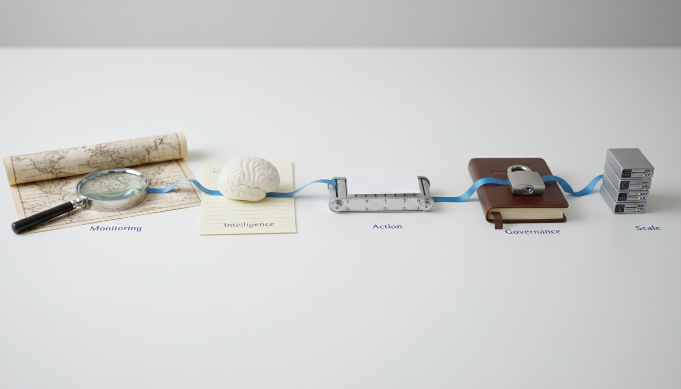 A staged still-life on a white table visualizing the Decision Framework's five dimensions: five objects in a row with even spacing — a magnifying glass on a mini map (Monitoring), a small anatomical brain model on a notecard (Intelligence), a tiny mechanical conveyor model carrying a paper slip (Action), a compact silver padlock and a stamped ledger (Governance), and stacked miniature server boxes (Scale). Each object is distinct and specific to its dimension; connected by small brand‑blue ribbons or markers (~10-20% blue) to show the framework unity. Professional modern photography, high-detail, shallow depth of field, neutral white background, no text or labels, no logos, 16:9 aspect ratio