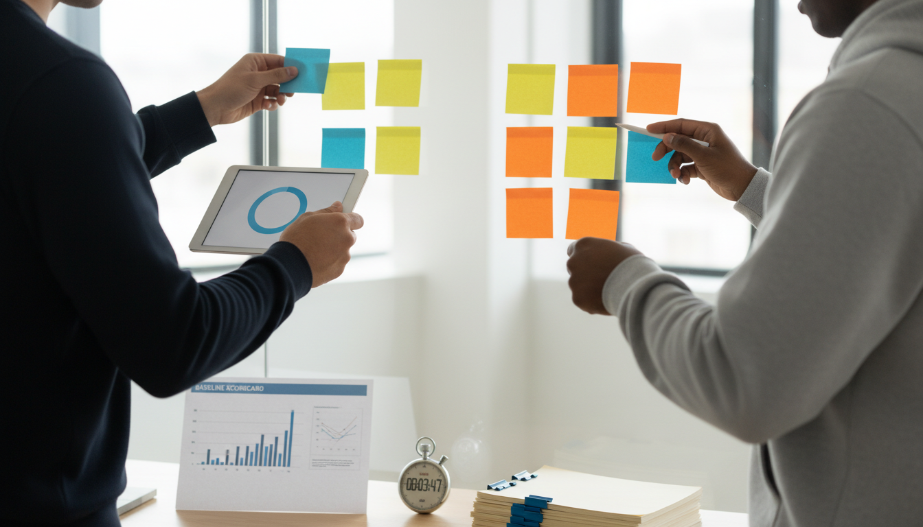 A candid implementation scene showing two team members collaborating on a whiteboard-style workflow: color-coded sticky notes being moved between implied columns (no written labels), one person tapping a tablet with a blurred progress circle, a printed baseline scorecard with charts intentionally unreadable, a stopwatch and a neat stack of content briefs on the table to suggest rapid detection→action cycles. Use subtle brand blue sticky notes and binder clips (~10-20% blue), professional modern documentary photography, natural office light, hands-in-action framing to emphasize process, clean composition, no visible text or logos, 16:9 aspect ratio