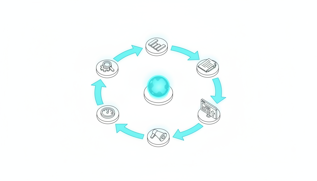 Isometric technical diagram showing a closed circular loop of seven distinct stations arranged around a central glowing core: small illustrated icons (magnifying glass, analytics graph, document/pencil, upload to website wireframe, megaphone, gauge, gear) placed at each station with cyan connector arrows flowing clockwise, thin black linework, white background, subtle cyan highlights on the arrows and core, clean spacing so each station is visually identifiable without labels, professional modern style emphasizing automated cycle from detection to optimization, no text, 16:9 aspect ratio
