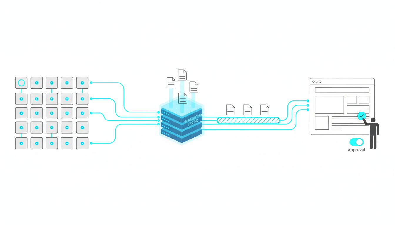 Detailed technical scene of an automated pipeline: left side shows a grid of small query nodes with one node highlighted as a gap (open ring), animated cyan pipelines feed into a central 'generative engine' represented by a compact server-like cube emitting stacked document tiles, a conveyor of content moves to a stylized CMS webpage wireframe on the right where a small human silhouette approves with a check toggle, cyan accent lines show end-to-end automation, white background, thin black outlines, emphasis on direct publishing and human-in-the-loop quality control, no text, 16:9 aspect ratio