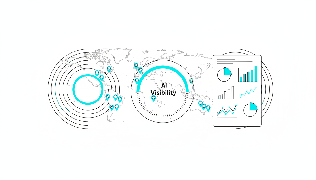 Clean technical dashboard illustration: central circular gauge (no numbers) with a cyan arc representing an 'AI Visibility' indicator, surrounding elements include a simplified world map with city-level marker pins of varying sizes, concentric ring visualizations for share-of-voice, and a white report mockup with graphs (shapes only, no text), thin black linework and cyan highlights on key metrics, white background, balanced composition to convey attribution, benchmarking and geographic precision, no text, 16:9 aspect ratio