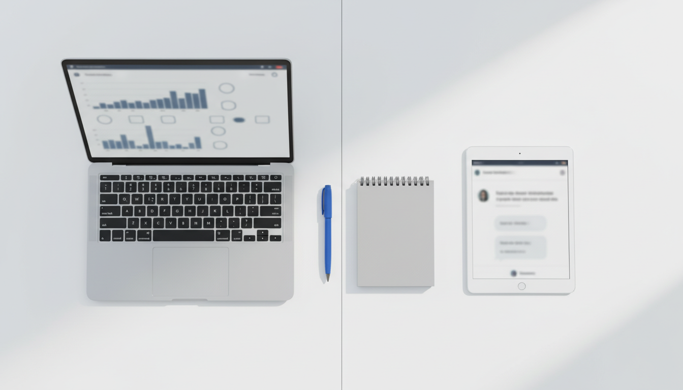 Overhead studio shot of a split workspace: left shows a laptop screen with a blurred analytics display dominated by low, unlabeled bar shapes and empty indicators, right shows a tablet with a blurred conversational answer card that noticeably omits any highlighted brand (no readable text), a brand-blue pen (accent ~10%) and a neutral notebook sit between devices, clean white surface and soft directional lighting, conveys zero-click outcomes and measurement gaps without text, 16:9 aspect ratio