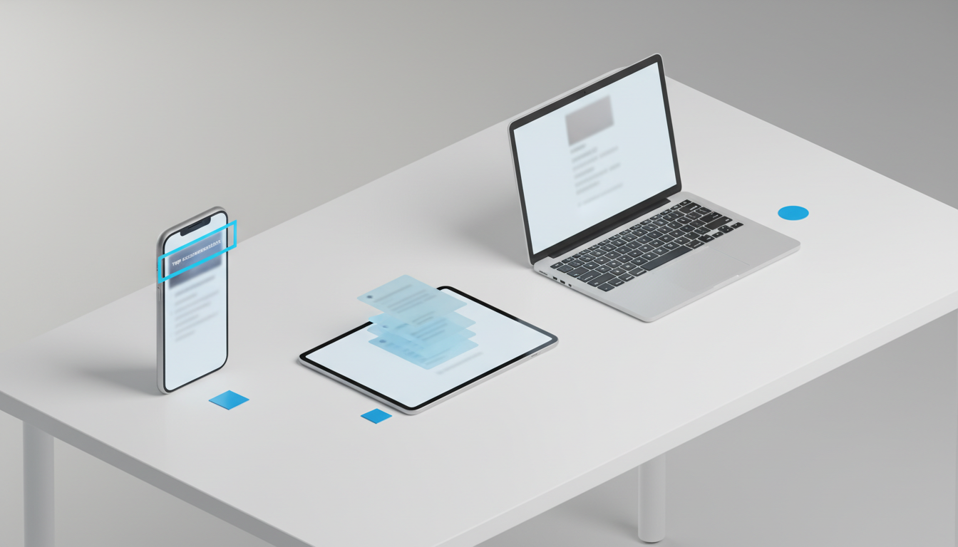 Isometric studio arrangement of three devices &mdash; smartphone, tablet, laptop &mdash; on a white table, each screen showing a deliberately blurred AI response card with different visual emphasis: one with a strong highlighted card (top recommendation), one with stacked faint cards (lower positions), one with no highlight (no mention). Small colored tabs beside each device use brand-blue as a subtle accent, shallow depth of field, consistent professional lighting, communicates cross-platform differences without logos or text, 16:9 aspect ratio