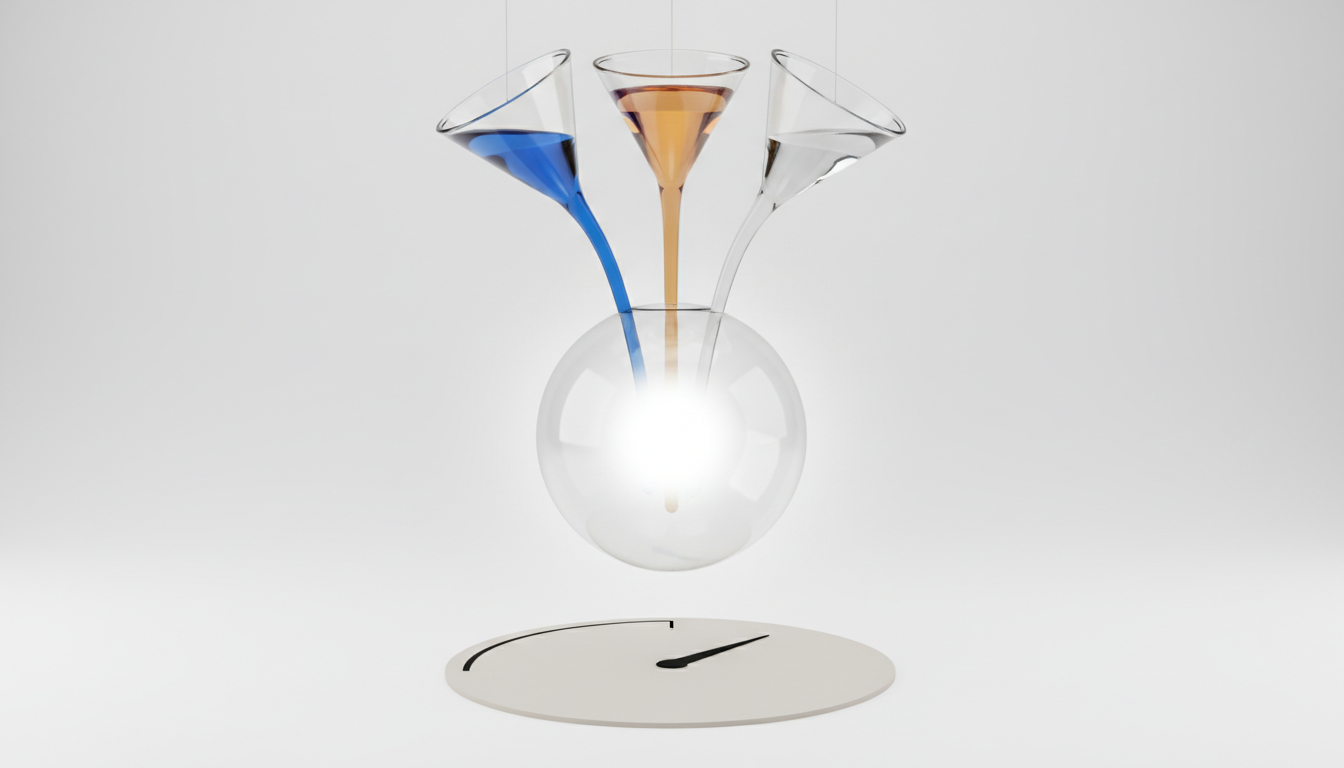 Conceptual studio photograph of three clear glass funnels pouring three different translucent liquids (one using brand-blue at ~15% accent) into a single polished glass sphere that emits a soft glow; beneath the sphere a neutral abstract gauge disc with a simplified needle silhouette (no numbers) on a white background, soft even lighting and precise composition, symbolizes weighted inputs combining into one visibility score, 16:9 aspect ratio