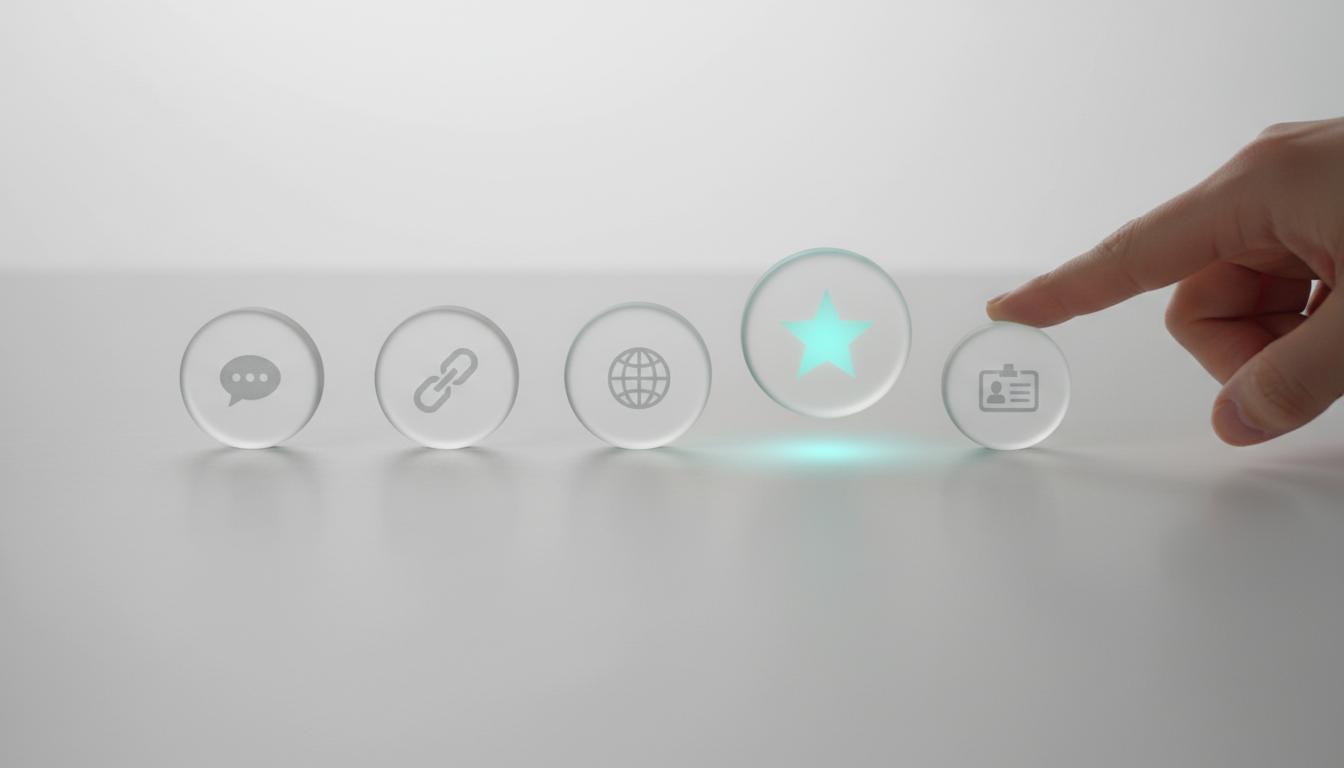 Professional modern studio photograph: an arc of five translucent disks laid out on a white tabletop, each disk contains a tiny engraved icon (speech bubble, chain link, star, globe, ID badge) — the third disk (citation) is noticeably larger and given a subtle cyan (#00D9FF) glow to show heavier weighting, a neutral-toned hand gently lifts or points to the larger disk to imply measurement and prioritization, clean soft shadows, shallow depth of field, no text, communicates 'what an AI Visibility Score measures and component weights' — 16:9 aspect ratio