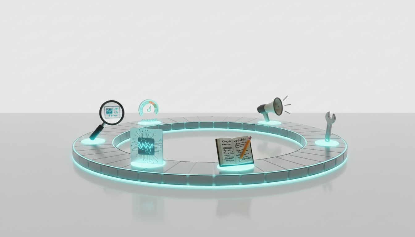 Professional studio photo depicting a closed-loop optimization workflow as a physical circular conveyor ring on a white table: along the ring sit tiny crafted objects representing stages — a magnifying glass (monitor), a translucent chip with data patterns (analyze), a pencil and miniature content page (create/publish), a megaphone (amplify), a small gauge icon in cyan light (measure), and a wrench (optimize) — subtle motion blur on the moving ring, soft cyan (#00D9FF) rim lighting tying elements together, clean minimal background, no text, visually specific to 'Monitor → Analyze → Create → Publish → Amplify → Measure → Optimize' loop from the article — 16:9 aspect ratio