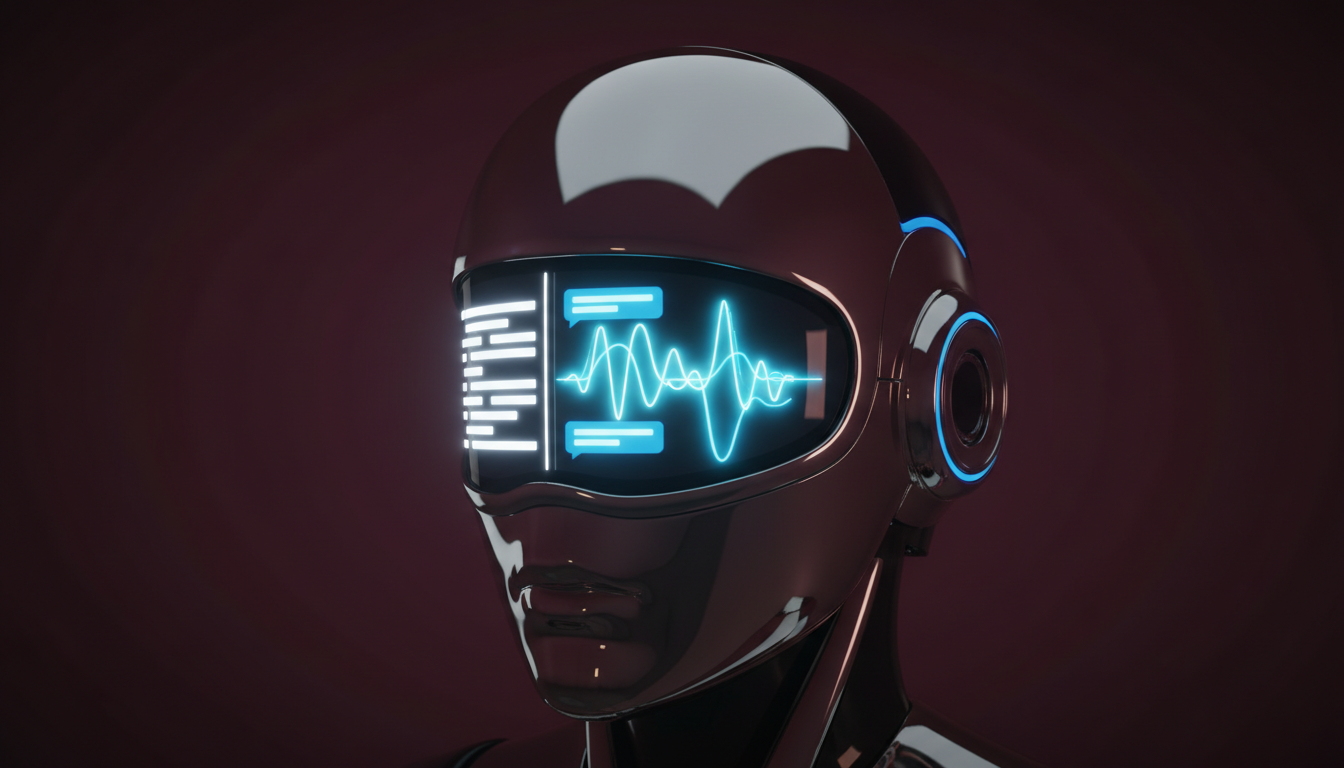 Close-up chrome robot head in three-quarter view with its reflective visor showing two distinct visual patterns: on one side a series of stacked, softly illuminated rectangular light panels suggesting search result rows, on the other side flowing sinuous light waveforms implying chat assistant responses; the metal surface crisply mirrors these two patterns so the viewer immediately reads 'search vs chat coverage', dark burgundy studio background, subtle brand-blue LED strip on the robot's temple as a 10-20% accent, professional photorealistic lighting, no text, 16:9 aspect ratio