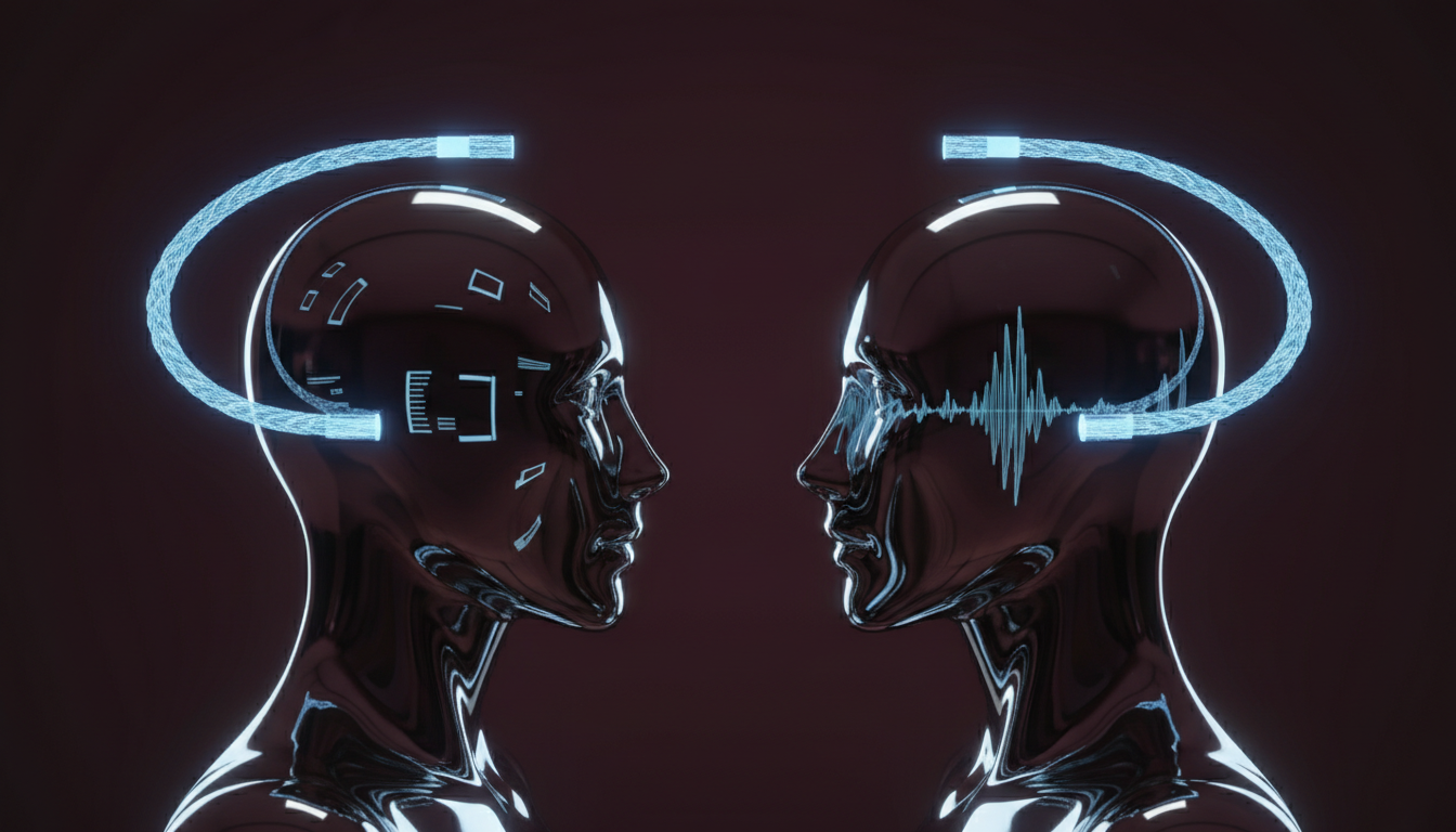 Two polished chrome robot heads facing each other in mid-frame, connected by a braided, glowing fiber-optic data stream arcing between their temples and pulsing with faint blue light, one head's surface subtly bears reflected planar textures that hint at search indexes while the other's reflections show waveform-like patterns, dark burgundy background with controlled studio highlights emphasizing the data link, consistent product-photography realism, no text, 16:9 aspect ratio