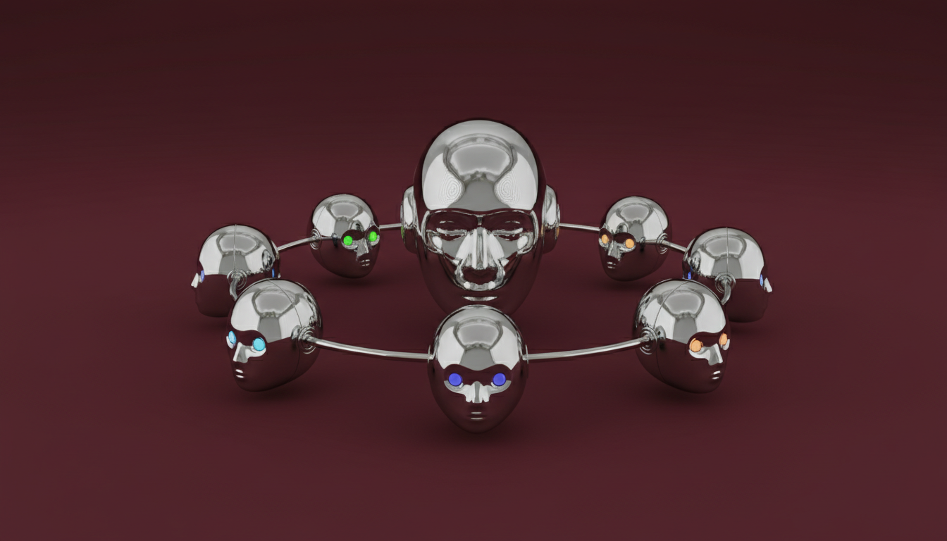 Central chrome robot head slightly elevated at center, encircled by seven smaller identical mini robot heads arranged in a precise ring connected by thin luminous arcs to form a continuous loop; each mini head has a tiny colored LED (subtle brand-blue dominant among the accents) to denote distinct automated phases, reflections on the central head show faint concentric light patterns implying monitoring and outcome feedback, deep burgundy background with soft studio rim light, photorealistic rendering, no text, 16:9 aspect ratio