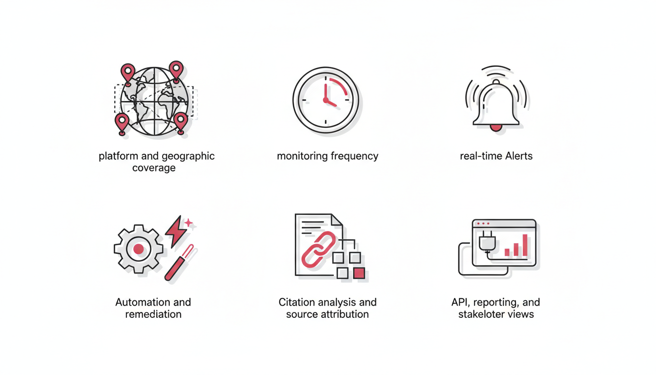 White-background technical illustration of a tidy six-tile evaluation grid, each tile a simple icon vignette: globe with multiple city pins (platform and geographic coverage), clock with circular sweep (monitoring frequency), bell emitting gentle waves (real-time alerts), gear linked to a spark/wand (automation and remediation), chain link over a document with tiny source tiles (citation analysis and source attribution), data plug feeding a minimalist dashboard frame (API, reporting, stakeholder views); consistent line weights, soft shadows, restrained neutral grays with #CC3366 highlights on key details (10&ndash;20%), modern professional style, no text, no numbers, 16:9 aspect ratio