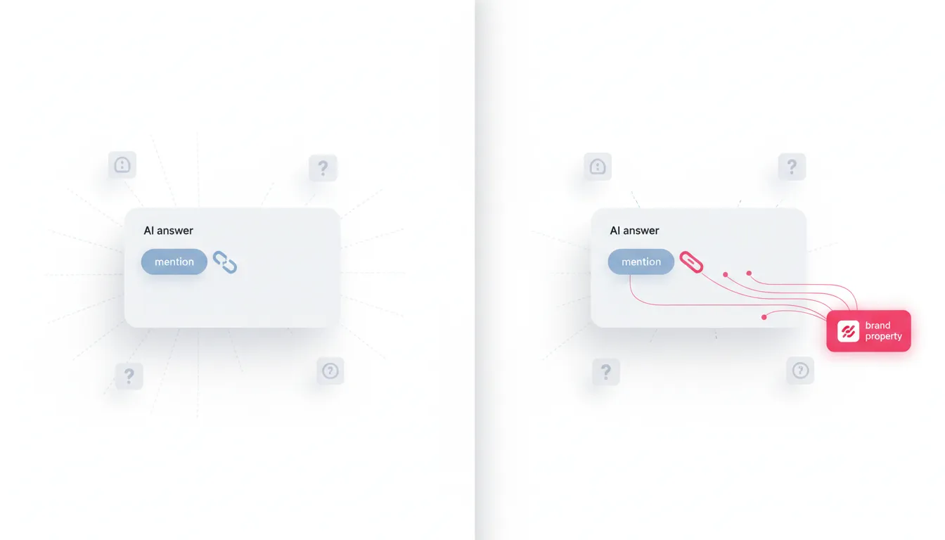 Before/after scene on a white background illustrating conversion of unlinked mentions to linked citations: left side shows a pale AI answer card with a muted mention chip and a broken chain icon; right side shows an identical card where the mention chip connects via a solid chain icon to a bright destination tile representing the brand&rsquo;s property; dotted gray flow lines on the left transform into solid #CC3366 flow lines on the right to indicate traffic gain; subtle source tiles surround both states to imply different citation origins; clean technical illustration, soft shadows, #CC3366 accents limited to 10&ndash;20%, modern professional style, no text, no numbers, 16:9 aspect ratio