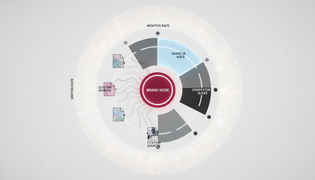Conceptual visualization of the AI Visibility Score framework as three interlocking layers around a single brand node: outer halo pulsing with many small ticks representing Mention Rate frequency, a middle ring with weighted sectors showing Share of Voice dominance versus dimmer competitor slices, and inner ribbons arriving from document-shaped tiles to symbolize Citation Sources feeding the core; the brand node glows subtly in #CC3366 while competitor nodes remain matte black/gray on a white field; crisp lines, no text or numbers, editorial quality with ultra-sharp detail and cinematic lighting, 16:9 aspect ratio