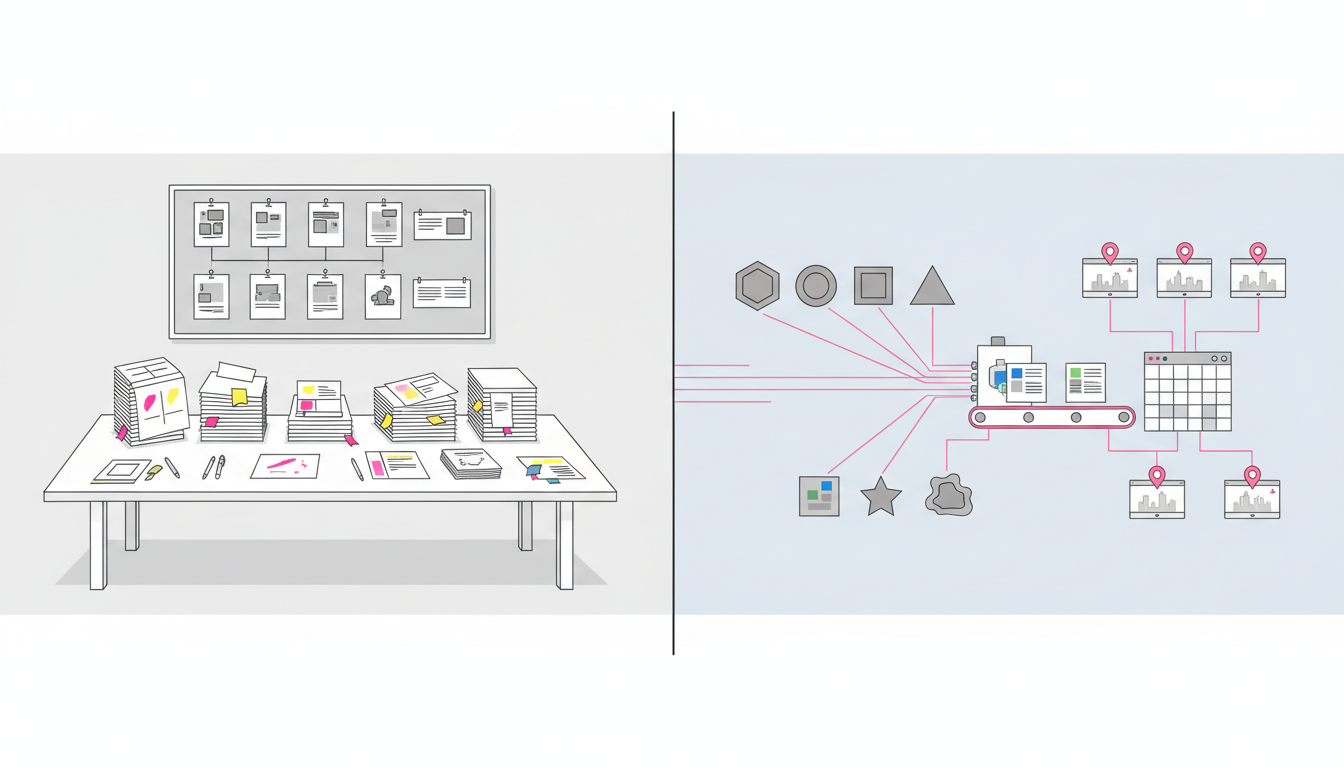 Split-composition showing the two agency archetypes: left side depicts a manual research workspace—orderly stacks of printed page layouts, highlighters, and a structured board of modular content blocks—everything neat, static, and human-operated but with no people; right side contrasts an automated closed-loop line—parallel scanning threads ingesting six differently-shaped platform tiles, a content compositor assembling structured pages, and a conveyor feeding directly into a CMS-like grid and out to localized site frames with city pins; #CC3366 accents trace the automated path, neutrals elsewhere, no logos or text, clean modern aesthetic, technical illustration style, 16:9 aspect ratio