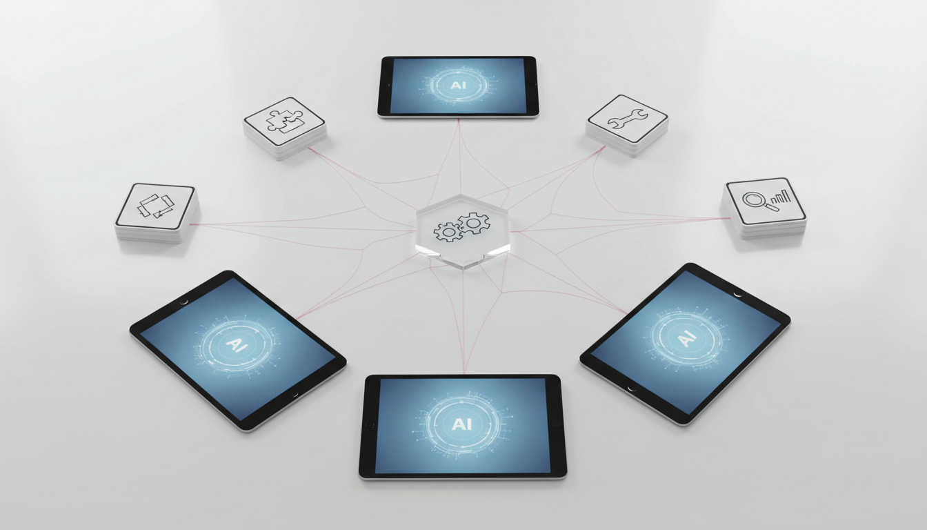 Wide top-down professional photo of a white desk featuring five sleek tablets in a gentle arc, each screen displaying a neutral abstract AI assistant glyph (no brand logos). At the center, a clear acrylic brand token connects via a dense array of ultra-fine #CC3366 thread lines (10–20% accent) to the tablets and to five small stacks of icon cards that represent prompt library types: split arrows (comparisons), puzzle piece (use cases), gear (features), wrench (implementation), and magnifying lens over bars (data research). Subtle black only for device bezels, soft natural light, crisp shadows, zero text, 16:9 aspect ratio
