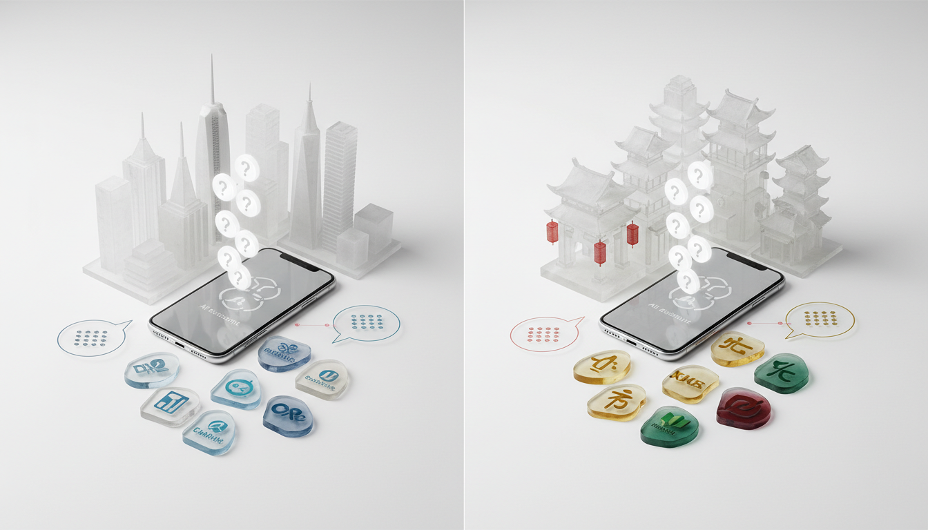 Split-scene professional photo on a seamless white surface: left panel shows a compact Western skyline miniature with a smartphone showing a neutral AI assistant glyph; right panel shows an Asian-inspired skyline miniature with another smartphone. Identical white query tokens enter both phones, but different sets of frosted acrylic brand tokens emerge on each side, illustrating that AI recommendations change by city and language. Near each phone, include abstract speech-bubble icons with distinct dot-and-line patterns (no letters) to imply different languages, and thin connectors with subtle #CC3366 accents (10–20%). Clear, confident, analytical mood, no text, 16:9 aspect ratio