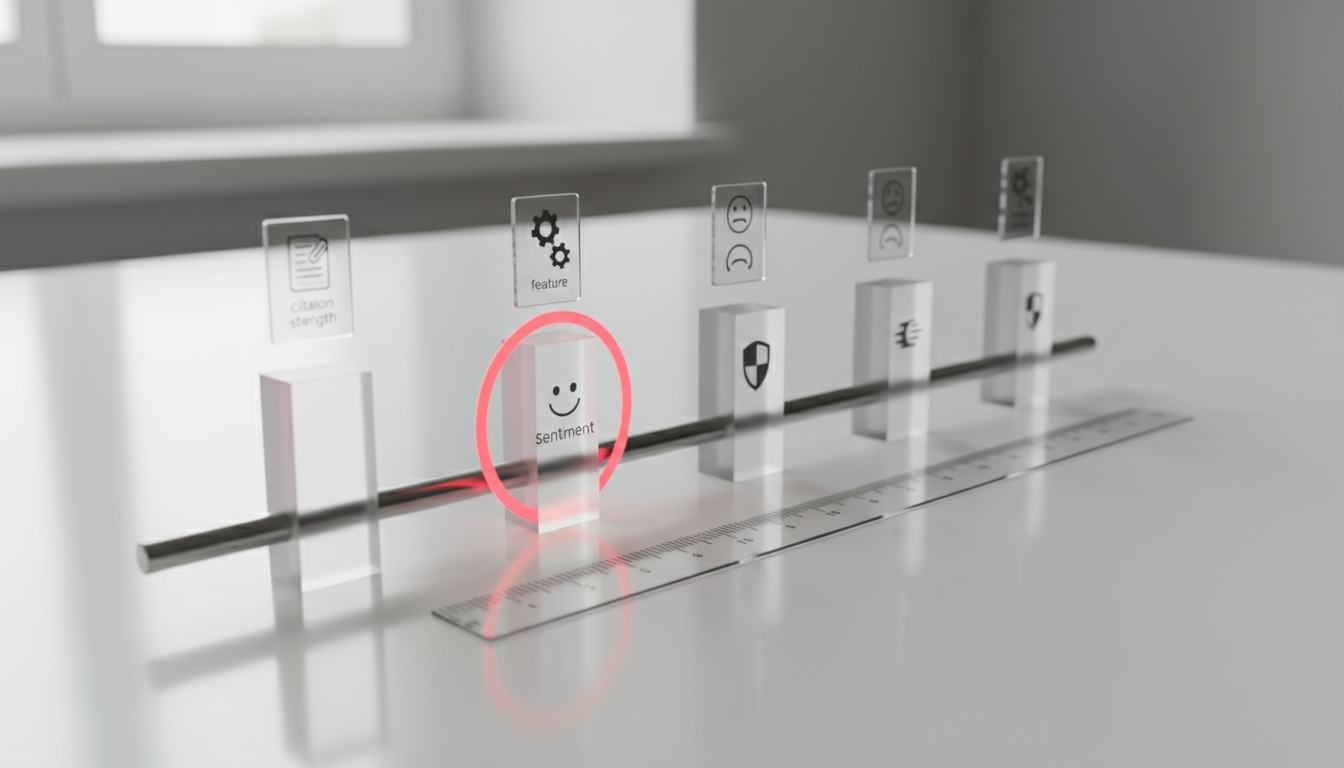 Modern still-life on a bright white tabletop showing a linear recommendation track: five frosted acrylic tokens positioned in order along a slim rail from foreground to background, with the second token crisply highlighted by a precise #CC3366 halo ring (10–20%). Above each token float tiny icon markers: paper stack with clip (citation strength), simple face icons for sentiment (smile, neutral, frown), and feature badges (gear, shield, speed). A transparent ruler with tick marks (no numbers) runs alongside to imply position and share of voice. Soft daylight, shallow depth of field with sharp focus up front, zero text, 16:9 aspect ratio