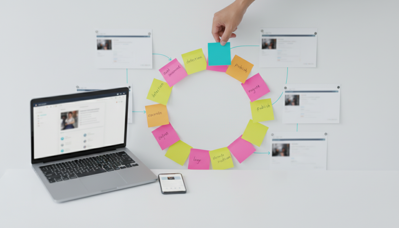 Body image for 'The Complete AI Brand Monitoring Workflow': overhead photo of a modern project wall and desk showing the monitoring loop in action &mdash; a circular arrangement of unlabeled sticky notes, printed blurred screenshots pinned around the circle, a laptop with a blurred dashboard on-screen, and a smartphone showing a notification (screen content intentionally unreadable); a hand places a cyan sticky note into the loop, conveying continuous detection&rarr;action&rarr;publish; clean white background, organized studio styling, shallow depth of field with the loop center in focus, cyan accents limited to 10&ndash;20% of the image, no visible or readable text, 16:9 aspect ratio