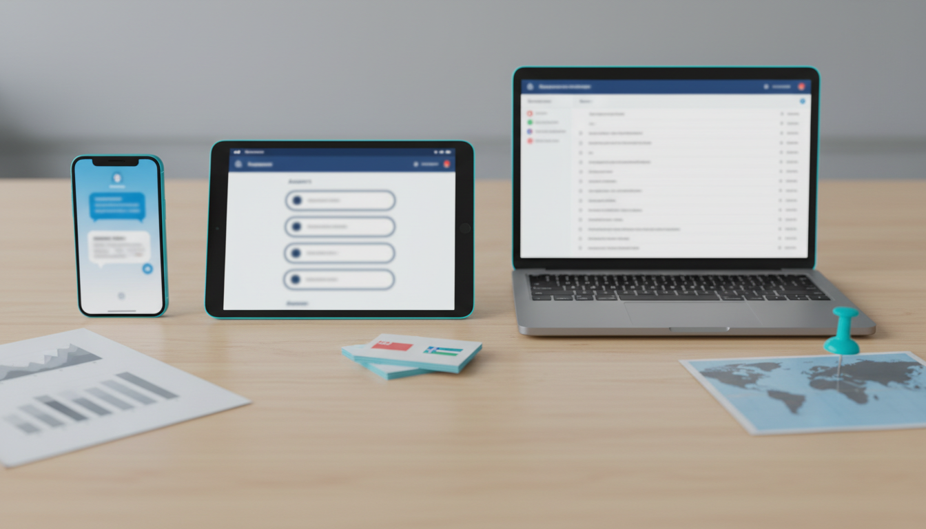 Body image for 'Platform-Specific Monitoring Considerations': staged desk scene with three devices (phone, tablet, laptop) arranged side-by-side, each showing a different generic assistant interface style (chat bubbles, card-style answers, and a citation-heavy list &mdash; all deliberately blurred and without logos or text); beside the devices are small analog props signaling platform differences: a printout with compressed graph shapes, a stack of index cards with tiny country flags (icons only, not text), and a cyan pushpin on a world map fragment; crisp product photography, balanced composition, subtle cyan highlights on device frames and pins, no visible or readable text, 16:9 aspect ratio