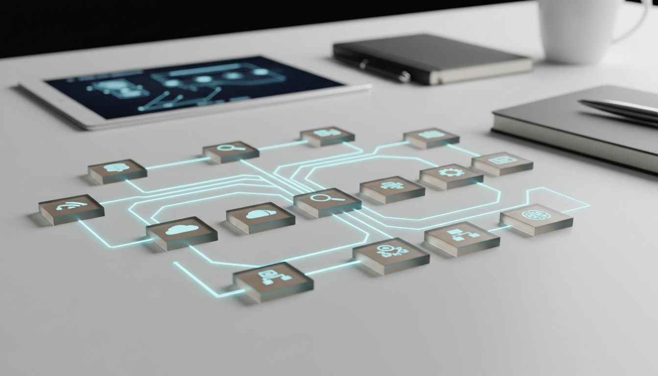 Body image for 'Data Architecture for AI Visibility Tracking': close-up studio photo of a tabletop data model mockup &mdash; small physical tiles representing entities (neutral blank tiles with icons only, no text), thin LED light strands connecting tiles to form a network, a tablet displaying a blurred schema visualization in the background, and a notebook with a pen nearby; photographic depth of field focuses on the connected tiles and glowing cyan LED traces, conveying structured storage and pipelines for AI mentions, clean white workspace, professional modern mood, no visible or readable text, 16:9 aspect ratio