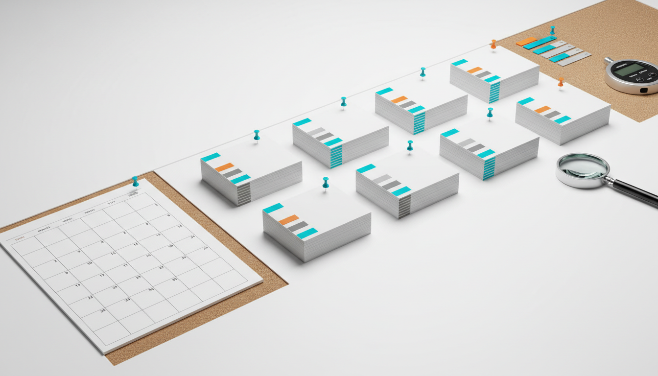 Building a measurement framework visual: overhead workspace shot of a structured prompt-sampling kit on a white table — neatly arranged blank prompt cards grouped into distinct stacks, color-coded sticky tabs and pins (use #00D9FF on select tabs ~10–20% accent), a clean grid calendar with empty squares, a magnifying glass and compact stopwatch nearby, no readable text on any surface, crisp modern studio lighting, professional modern photography that communicates standardized sampling and repeatable process — 16:9 aspect ratio