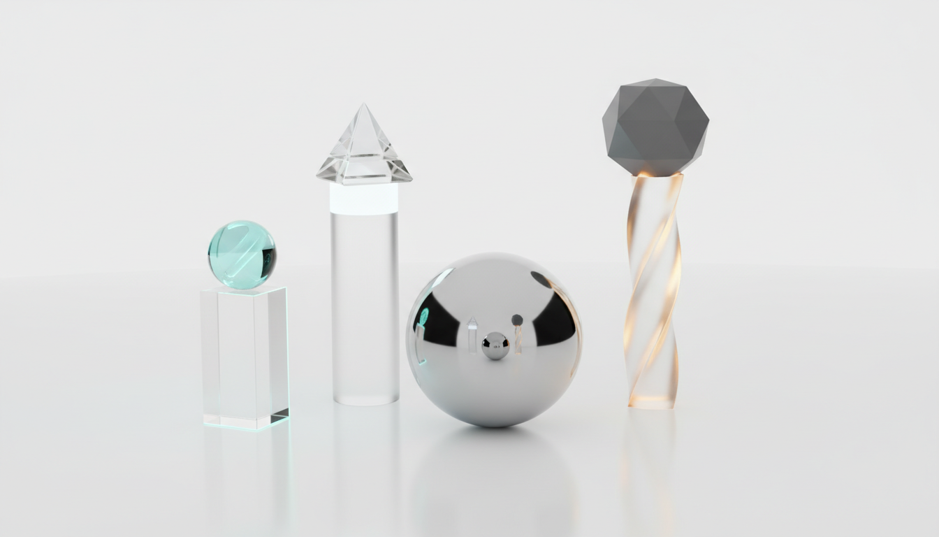 Calculating the AI Visibility Score concept: clean composite shot blending real objects and subtle 3D elements — three vertical translucent scoring columns (different heights) representing the weighted components, each topped by a unique abstract token (simple geometric shapes, no symbols or text), all three columns cast a combined glow into a central polished sphere that reflects the composite score, white background with refined shadows, cyan highlights (#00D9FF) used sparingly on one column and sphere reflections, modern professional style that visualizes weighted scoring without numbers or labels — 16:9 aspect ratio