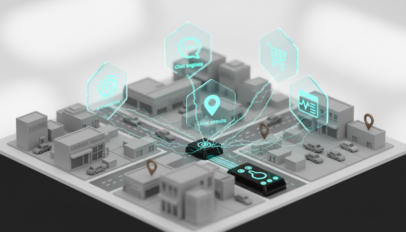 Coverage: Engines, Surfaces, and Depth — isometric, photo-real tabletop scene of a miniature city map populated by six translucent floating tiles, each tile containing a distinct abstract symbol representing different AI surfaces (a swirl for AI Overviews, a chat bubble for chat engines, a pin for local results, a shopping card, a news waveform, and a product snippet), fine cyan (#00D9FF) light traces connect every tile to a central glossy dashboard node; small realistic city pins mark three different neighborhoods to convey city-level precision, subtle multilingual glyph marks on storefront facades (deliberately unreadable characters to avoid text), soft white background, shallow depth of field, professional modern styling with cyan accents ~15%, 16:9 aspect ratio