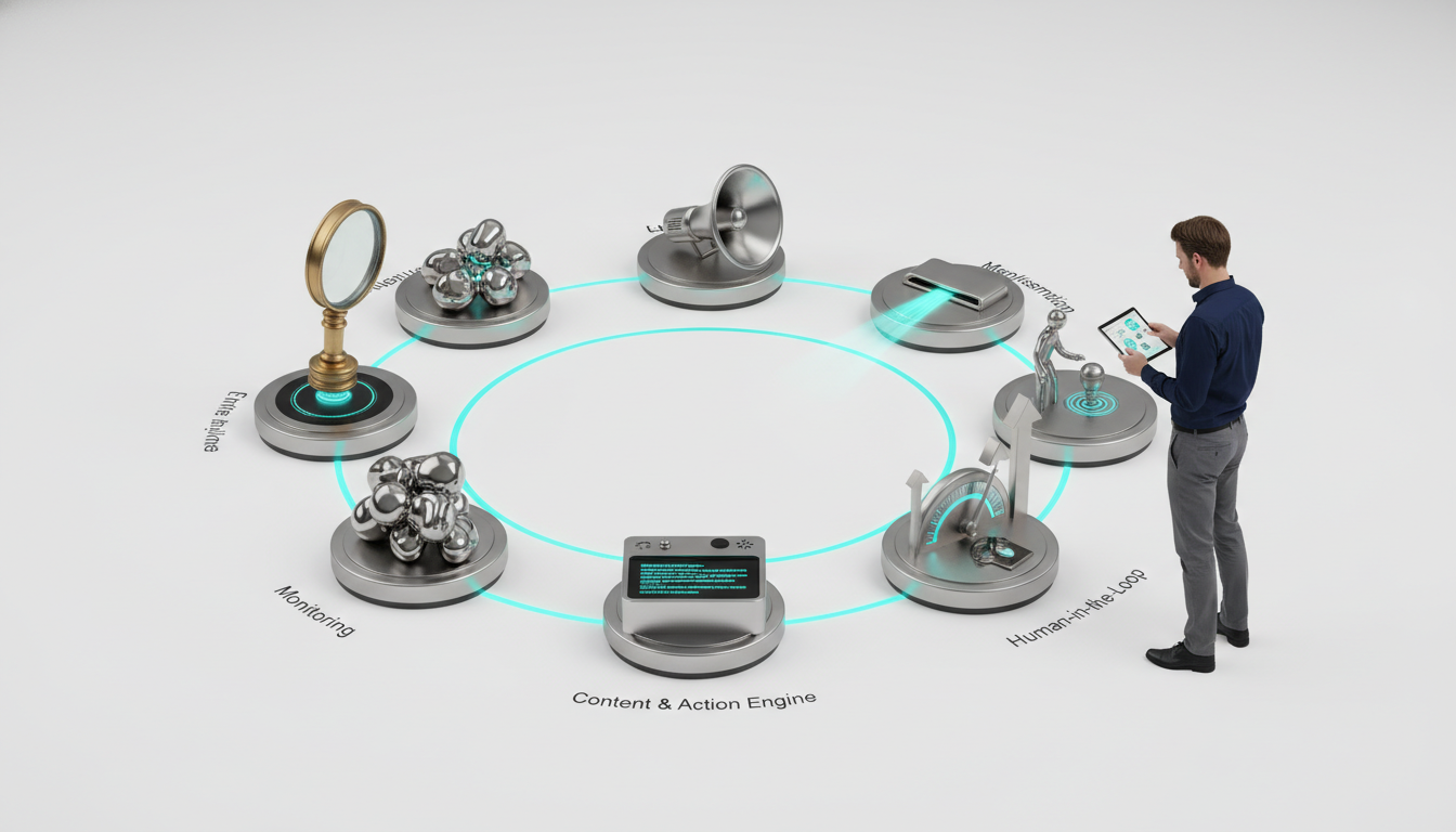 Automation Maturity — studio-style photo of a circular automated 'Content & Action Engine' conveyor: seven distinct metal stations arranged in a ring, each station represented by a tactile object (loupe for monitoring, clustered illuminated data beads for analysis, a compact AI writing module with micro-LED 'lines' for content creation, a slot/portal with outgoing light for publishing, a small megaphone sculpture for amplification, a rising dial/gauge for measurement, and a human-shaped silhouette placing a final stamp to represent human-in-the-loop); thin glowing cyan tracks run between stations showing flow, a technician in business-casual reviews a tablet beside the ring, clean white studio background, high-detail professional modern photo-real rendering, cyan accent used as highlight (~12%), 16:9 aspect ratio