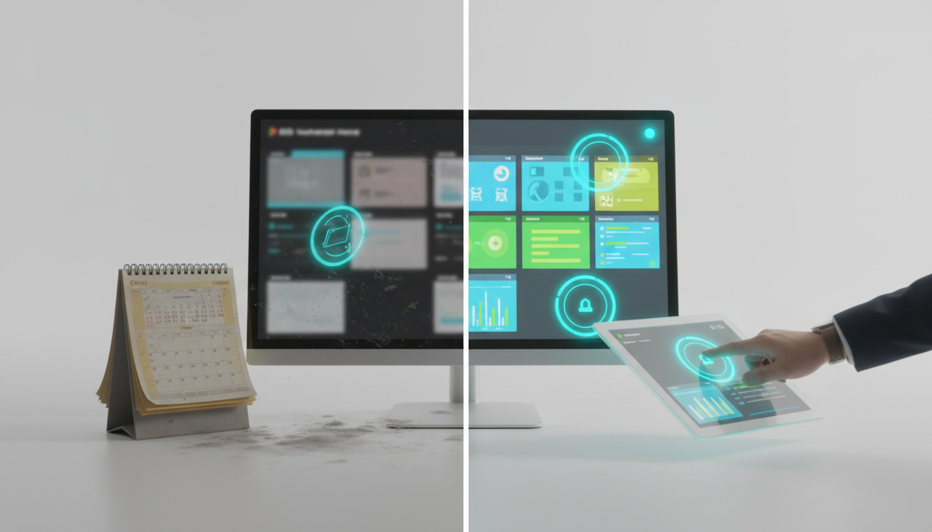 Accuracy and Freshness — split-scene photographic composition comparing 'stale vs real-time' monitoring: left half shows a dimmed monitoring desk with slightly blurred dashboard tiles, a dusty printed calendar with worn pages and muted colors to convey staleness; right half shows a crisp live monitoring setup with vibrant dashboard tiles, pulsing cyan (#00D9FF) refresh rings on live items, a bright alert LED and a hand tapping a tablet to push an immediate content fix; both halves share same neutral white environment to emphasize comparison, professional modern style, cyan accents limited to indicators (~10%), no words or labels, 16:9 aspect ratio
