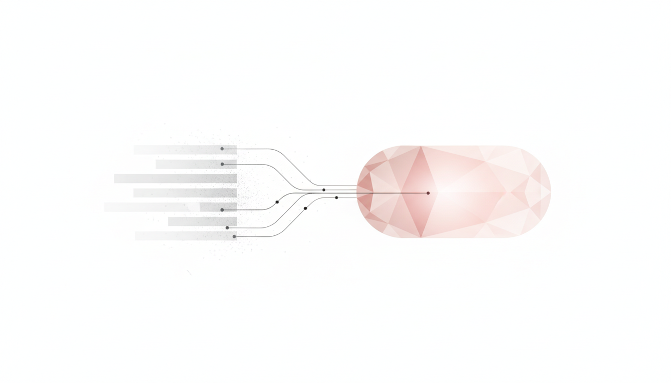 Split composition on white showing the transition from legacy results to AI recommendations: left side features a faint stack of pale gray horizontal bars subtly dissolving into particles; right side features a single luminous recommendation capsule formed by converging translucent facets, highlighted with a restrained CC3366 glow at the center; thin black guidance lines imply synthesis, minimalist abstract style, no text, no logos, 16:9 aspect ratio