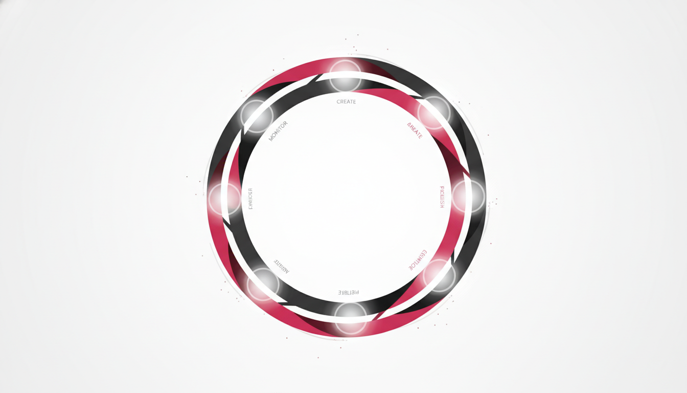 Dual-path closed-loop visualization on white: two intertwined ribbon-like tracks forming a precise circle, one neutral black and one CC3366, moving in parallel around seven soft-luminous waypoints that hint at Monitor, Analyze, Create, Publish, Amplify, Measure, Optimize; subtle motion cues and sparse particle accents convey automation; minimalist abstract style, no text, 16:9 aspect ratio