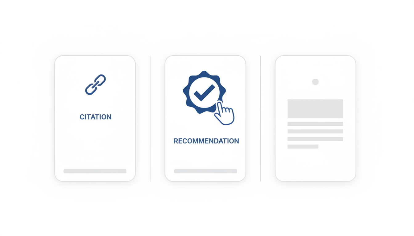 Technical isometric composition showing three distinct AI response cards side-by-side (no text): left card with a small link-chain icon and a tiny footer strip to represent 'citation' styling; middle card with a bold checkmark-like badge and a pointing hand icon to represent an explicit 'recommendation'; right card with a neutral dot and plain paragraph block to represent a factual 'neutral mention'; each card uses subtle brand blue (#3B82F6) accents on the key icon only, thin gray separators, white background, consistent vector line weight, no text or platform logos, professional data-visual style, 16:9 aspect ratio