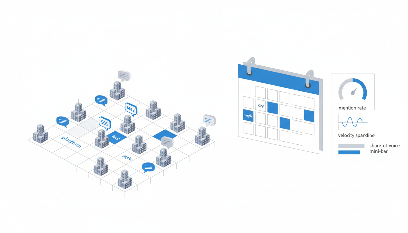Detailed technical illustration of a measurement workspace: an isometric tracking matrix (rows of city markers, columns of platform chat icons) adjacent to a sampling calendar grid with highlighted sample days, and a column of compact KPI widgets (mention rate gauge, velocity sparkline, share-of-voice mini-bar) &mdash; all icons only, no text; use subtle brand blue (#3B82F6) on key cells and calendar highlights, light gray gridlines, white canvas, professional clean layout, shows how scope, sampling, capture and KPIs connect, no text or logos, 16:9 aspect ratio