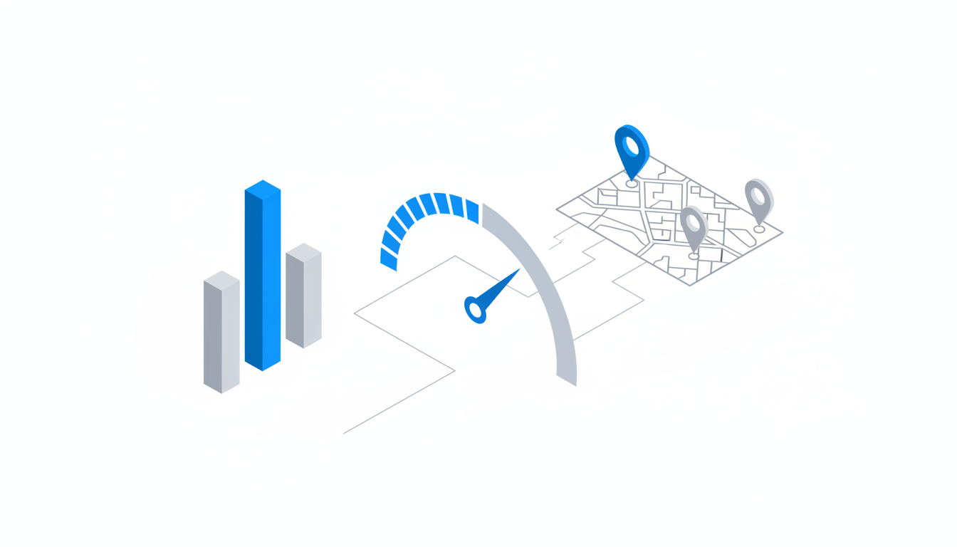 Isometric technical dashboard scene: a central circular visibility gauge (segmented arc with a pointer placed in a score zone but no numbers), a left-side vertical competitor share-of-voice bar cluster (different heights, blue accent on the subject brand bar), and a right-side simplified city-level map inset with 3 highlighted city pins (varying sizes indicating city-level performance); white background, subtle brand blue (#3B82F6) used for the subject-brand elements only, thin gray data lines, no text or numeric labels, clean professional style, 16:9 aspect ratio