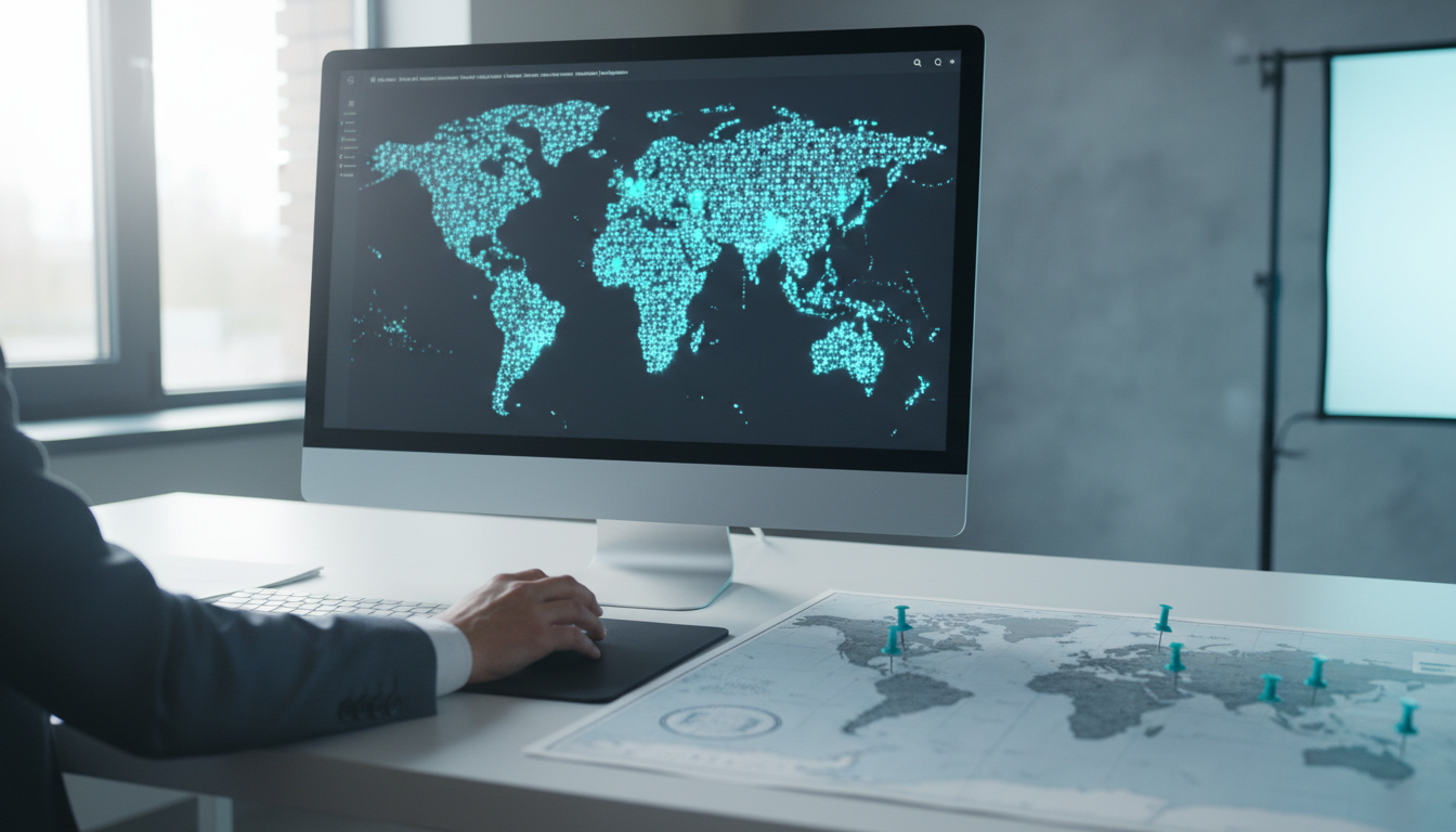 Coverage and precision scene in professional modern photography: a widescreen monitor on a tidy analyst desk showing an abstract world map made of glowing city-level dots (dense clusters over major metros) &mdash; the screen is intentionally unreadable text-wise but clearly shows many city pins; beside the monitor a physical paper map with a few cyan pushpins matching on-screen hotspots, a hand with a mouse in mid-motion in the foreground, natural daylight plus studio fill, cyan accent limited to pins and on-screen highlights (10-20%), conveys city-level precision across global markets, 16:9 aspect ratio