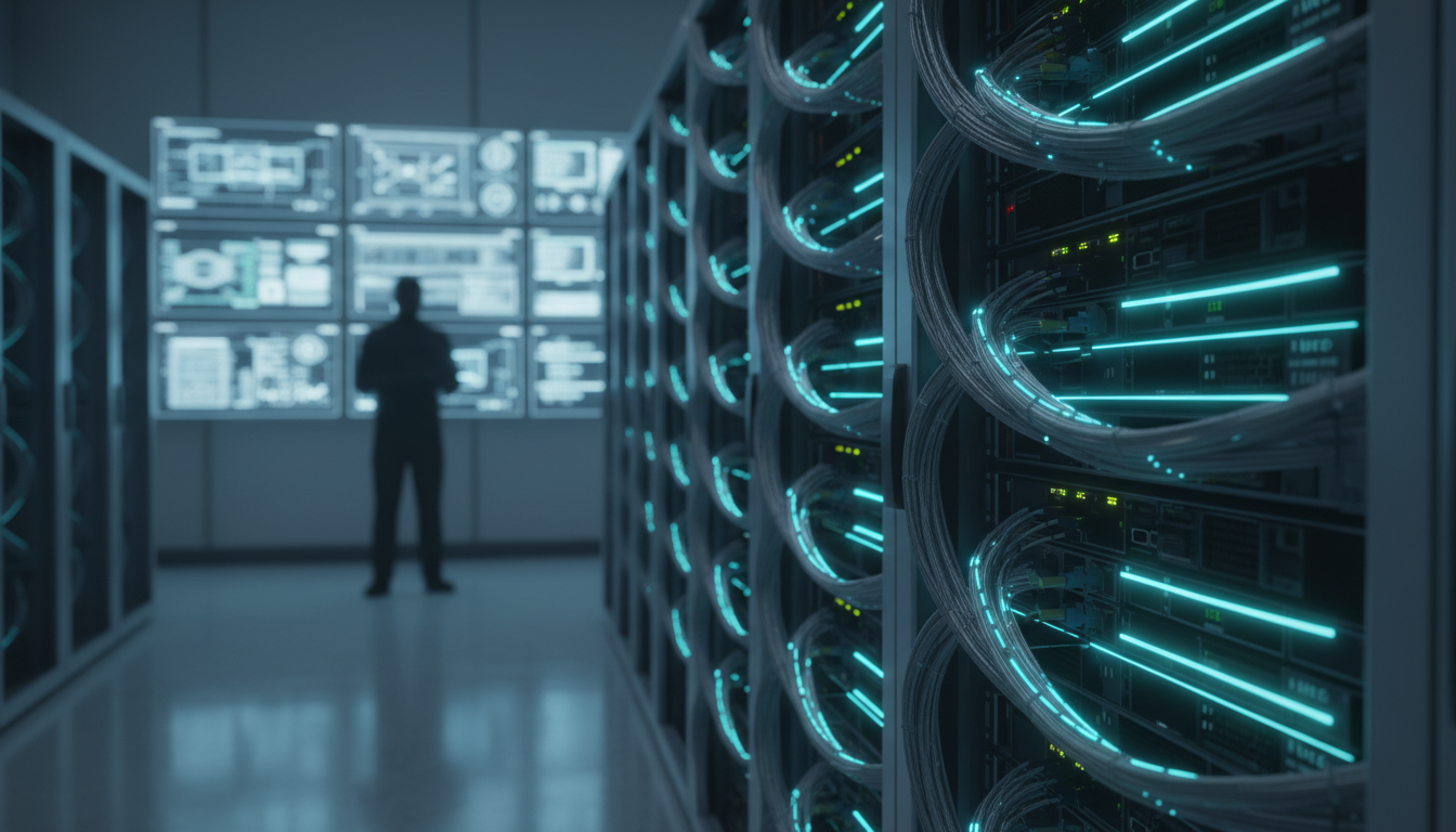 Speed, scale and reliability concept shot: close-up of a row of server blades and bundled fiber-optic cables in a modern server bay, long-exposure style cyan light trails running along the cables to suggest parallel high-throughput workers and real-time queries; background slightly blurred to reveal an operations engineer silhouette monitoring multiple out-of-focus screens, professional corporate photography, cool neutral tones with controlled cyan accents, dynamic but clean composition emphasizing scale and resilience, 16:9 aspect ratio