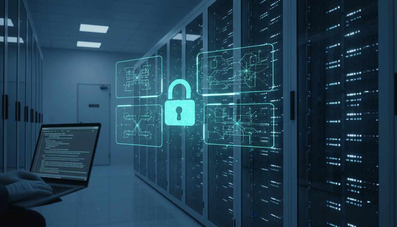 Security, compliance and data model visual: a modern data center ambience photographed with a composited holographic overlay &mdash; translucent rectangular schema panels and node-link diagrams (abstract shapes, no readable text) appear above a server rack, a subtle cyan holographic padlock symbol floats in front of the panels to imply field-level encryption and access control; an engineer's gloved hands on a laptop at the edge of frame add human context, professional modern lighting, brand cyan used sparingly for holographic highlights, conveys SOC‑2/GDPR-grade security and structured data governance, 16:9 aspect ratio