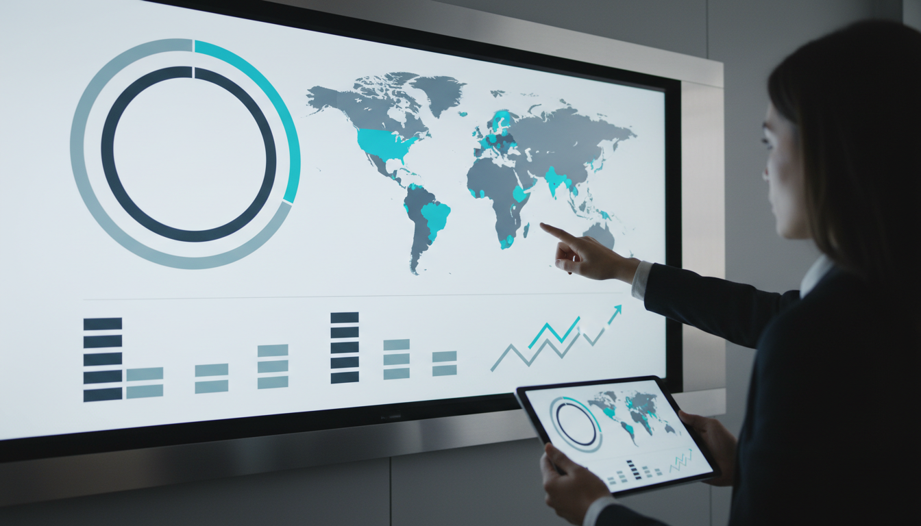Executive monitoring scene: medium shot of a conference room wall display showing a clean visual dashboard made of large abstract elements (a circular composite gauge, world heatmap blobs, stacked bar blocks and arrow-shaped trend indicators) &mdash; all graphical, no text; a product manager's hands point at the map while a colleague holds a tablet with the same visual patterns, muted corporate palette with subtle #00D9FF highlights on key data points, crisp modern professional photography, faces out of frame or blurred, 16:9 aspect ratio