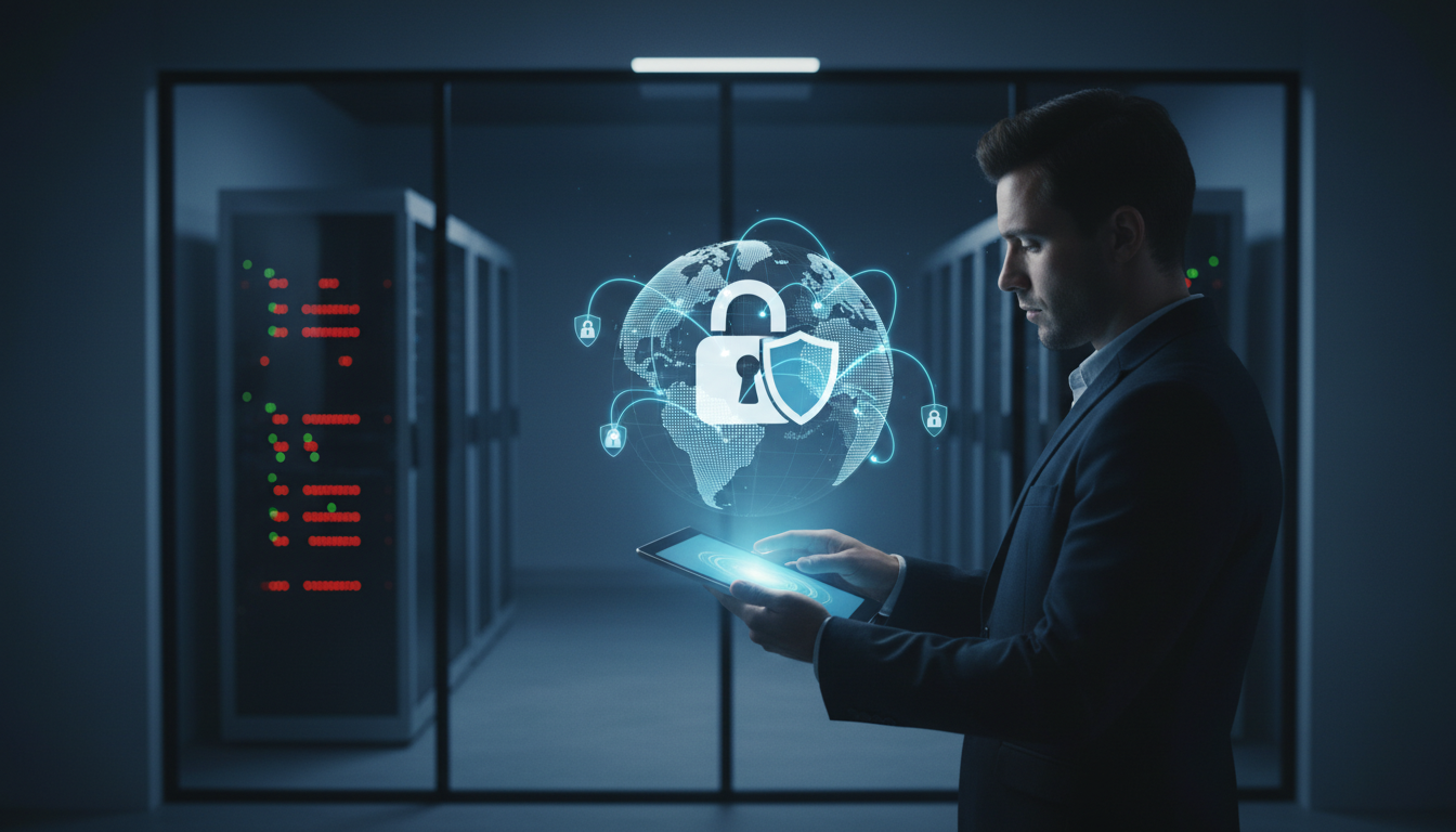 Security and governance control scene: dimly lit server room visible through glass, foreground shows a security engineer holding a tablet displaying a holographic padlock and shield icons above a simplified globe with illuminated audit-trail paths (small glowing lines connecting cities), visual emphasis on data residency and audit trails via light paths, no text or visible labels, restrained color palette with subtle #00D9FF accent glows on the shield and paths, cinematic professional photography, 16:9 aspect ratio