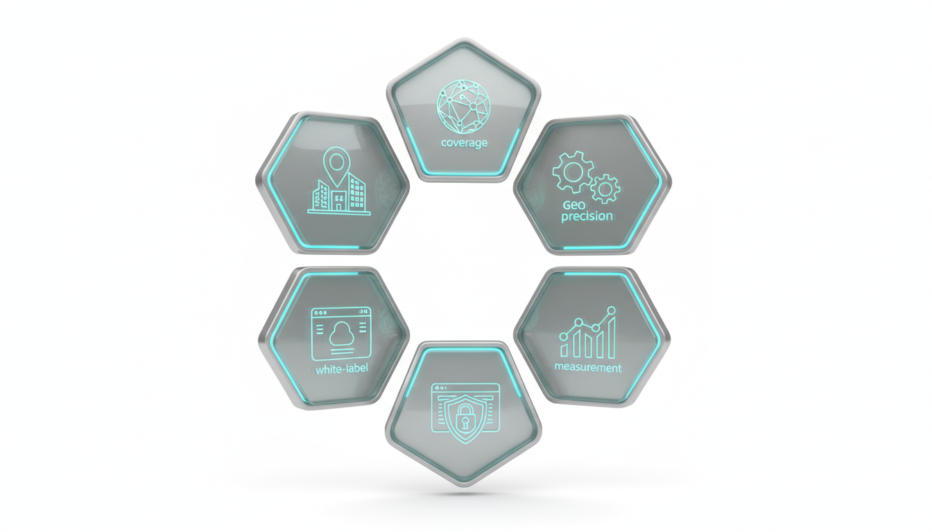 The 6 Criteria For Evaluating AI Search Platforms — six distinct 3D hexagonal tiles arranged in a precise ring, each tile visually encoding one criterion with abstract iconography (coverage = tiny globe motif, automation = interlocking gears, geo precision = small city pin cluster, measurement = rising node curve, white‑label = branded dashboard silhouette, security = shield lock shape) — rendered as photoreal metallic and glass materials with subtle cyan edge highlights (#00D9FF) at 10–20% saturation, studio lighting, clean white background, no text or logos, each tile clearly different so image could only illustrate a six‑criteria evaluation, 16:9 aspect ratio