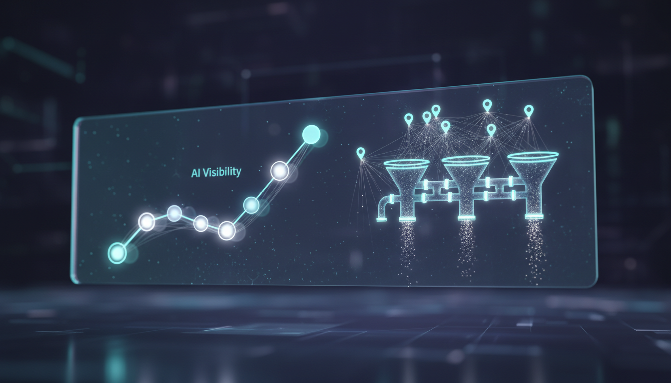 Success Metrics That Matter — a modern, text-free analytics tableau: a floating translucent dashboard panel showing an abstract rising luminous curve made of connected orbs (AI Visibility), clusters of tiny city pins tied by thin light threads to conversion funnels represented as miniature glowing pipes with particles flowing through, soft cyan accent lighting (#00D9FF) across key elements (10–20% usage), photo-real composite with shallow depth, no numbers, no text, no logos, emphasizes attribution from mentions to pipeline, 16:9 aspect ratio