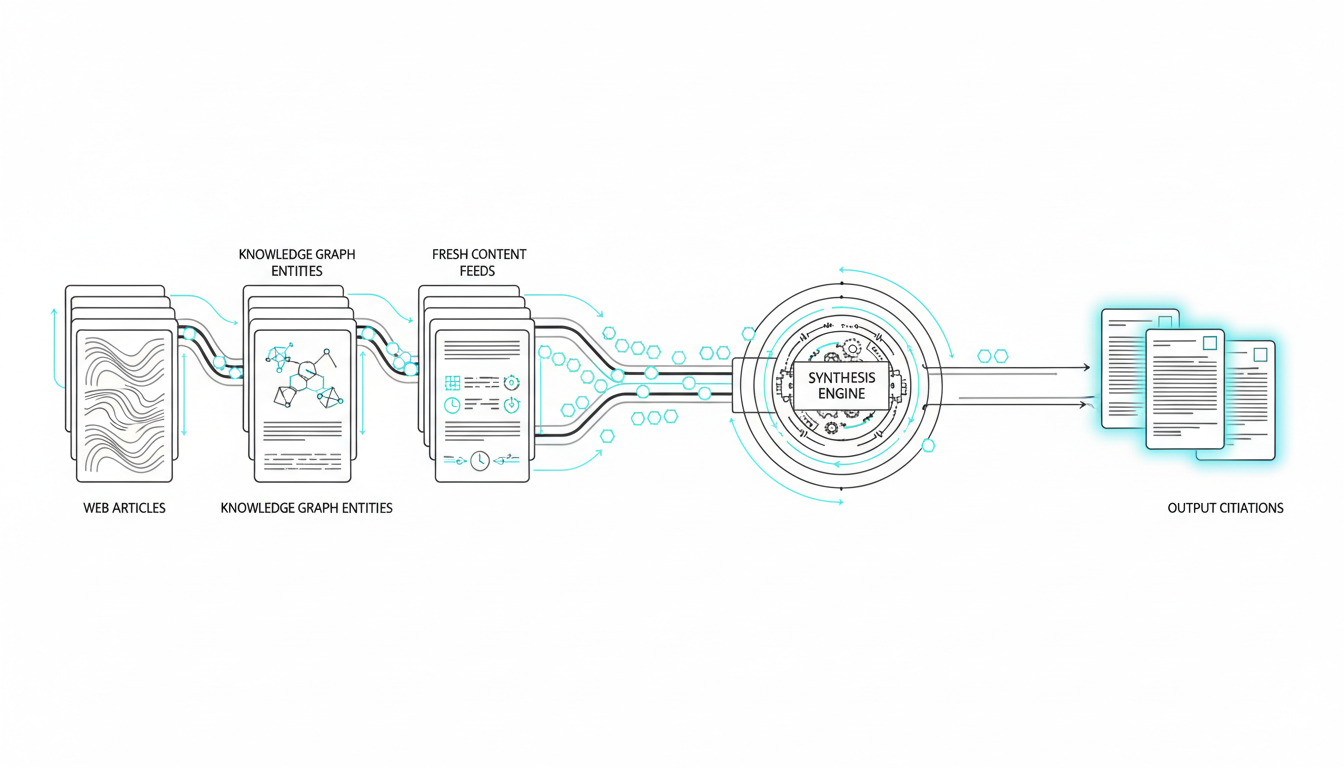How AI Platforms Choose What to Recommend &mdash; synthesis pipeline illustration: cutaway technical diagram of three distinct input stacks (web articles, knowledge graph entities, fresh content feeds) rendered as stylized flat &lsquo;cards&rsquo; entering a central synthesis engine that emits a small set of highlighted output citations; show token-like weight particles traveling along labeled-free channels (different thicknesses imply weighting), include subtle cyan accent ribbons and black/gray linework on white background, no text or visible labels, professional modern vector look that reads at large size, 16:9 aspect ratio