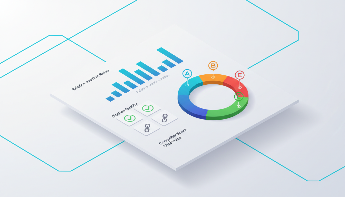 Data-focused isometric dashboard visualization for 'What to Measure in AI Brand Mentions': a set of interconnected widgets — a horizontal bar showing relative mention rates (abstract bars with different heights, no numbers), a row of citation-quality tiles represented by green checkmark icons and cracked-link icons (illustrated symbols, no text), and a competitor share-of-voice ring made of segmented colored arcs each topped by a tiny brand token — all on a white paneled background with cyan (#00D9FF) accent lines and subtle drop shadows; professional, modern, no text or numeric labels, no text in scene, 16:9 aspect ratio