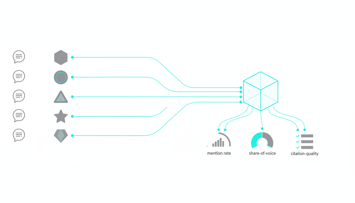Body image for "What True Side-by-Side AI Platform Comparisons Require" — isometric technical diagram showing a synchronized querying pipeline: identical prompt icon duplicated and sent simultaneously along six equal-length lines to six stylized platform nodes, all lines converging into a unified normalization hub (a clean geometric box) that feeds three gauge-style metric dials (mention rate, share-of-voice, citation-quality represented as abstract gauge visuals only, no labels); subtle cyan connection lines and highlights (#00D9FF), white background, crisp vector/infographic style, clearly shows simultaneous querying and standardized metrics, no text, 16:9 aspect ratio