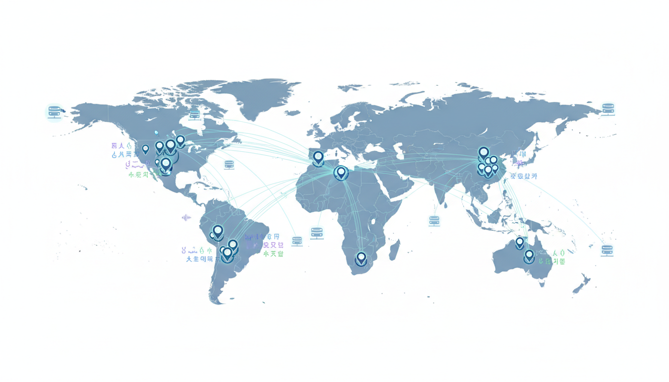 Body image for "Implementing City-Level Tracking Across Multiple Languages" — detailed infographic map on a white field: a simplified world map with clustered city pins (metropolitan clusters visually emphasized) connected to distributed proxy/server icons; each city pin has small language glyph motifs (abstract script shapes and waveform icons to imply English, Mandarin, Arabic, French, etc. without using readable text) and a faint cyan halo (#00D9FF) on selected high-priority cities; visual cues for parallel queries (multiple tiny request lines emanating from a single city), modern flat vector style, conveys city-level, multilingual monitoring infrastructure, no text, 16:9 aspect ratio