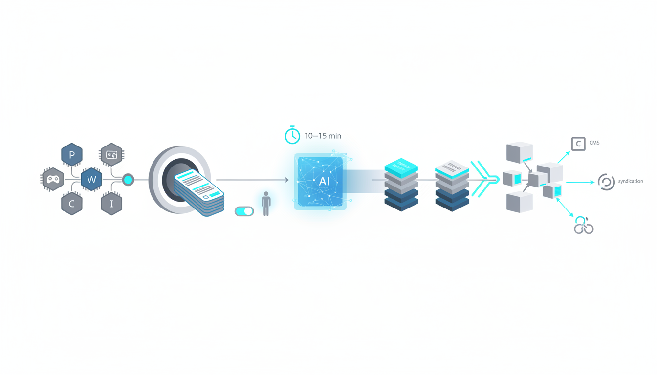Body image for "Automating the Complete Monitoring-to-Publishing Workflow" — cinematic technical illustration of an automated assembly line: left stage shows a scanner node ingesting multi-platform response cards from six abstract chips, middle stage shows an AI content engine producing structured article blocks (stacked card visuals) with a human review checkpoint (small human silhouette icon beside a toggle), right stage shows a publish/distribution cluster with stylized arrows leading to CMS, social, and syndication channel glyphs (abstract shapes, no text); include a minimalist stopwatch icon to indicate 10–15 minute automation speed, use brand cyan (#00D9FF) as subtle highlights across the pipeline (10–20%), professional modern vector style on white background, emphasizes end-to-end automation from detection to publish, no text, 16:9 aspect ratio