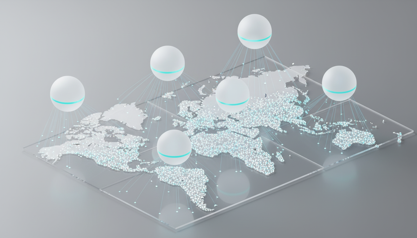 Critical-dimensions visualization: Isometric, high-detail digital scene of a monitoring dashboard reimagined as physical objects — six distinct non-branded glowing orbs above a semi-transparent stylized world map; dozens of tiny illuminated city pins (city-level precision) clustered over multiple continents, and thin data-beam trails connecting orbs to pins showing coverage differences. Use subtle cyan accents on orb rims and select pins (about 10–15% color use), predominantly white and neutral tones, professional modern photoreal illustration, no text, no brand logos — 16:9 aspect ratio