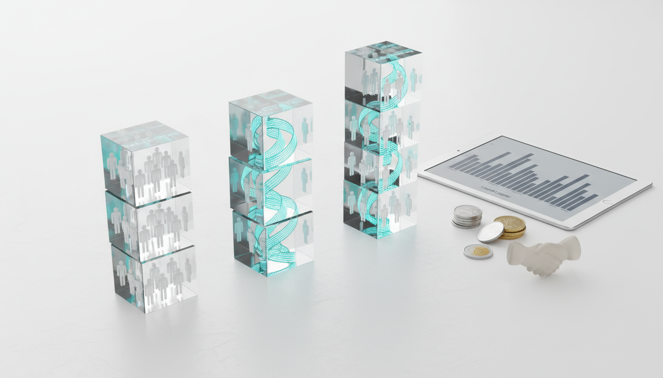 Pricing & TCO conceptual still-life: Clean overhead studio shot of three distinct transparent stacks of material blocks on a white surface representing pricing models — a stack with small people tokens (seat-based), a stack threaded with glowing data ribbons (usage-based), and a mixed-material stack combining both (hybrid). Nearby: a ledger tablet showing an abstract, label-free bar texture and a small pile of coins and a neutral handshake figurine to imply partnership/agency economics. Use cyan highlights sparingly on edges and ribbons (10–15%), professional modern photographic styling, no numeric labels, no text or logos — 16:9 aspect ratio